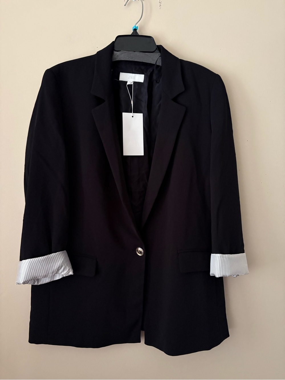 Zara Black Single-Button Women's Blazer with Rolled Cuffs Sz. L New